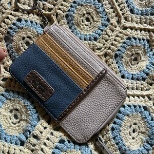 Leather Card Holder Keychain in Blue, Taupe & Mustard